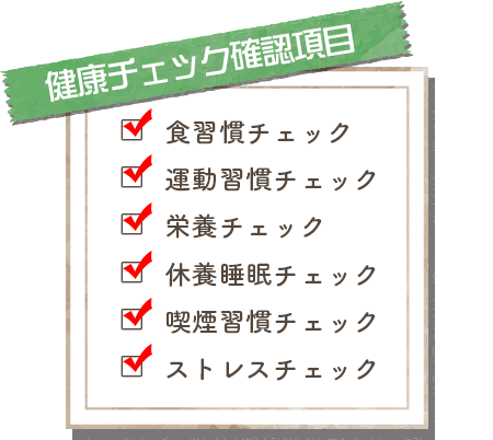 チェック項目　食習慣チェック、運動習慣チェック、栄養チェック、休養睡眠チェック、喫煙習慣チェック、ストレスチェック